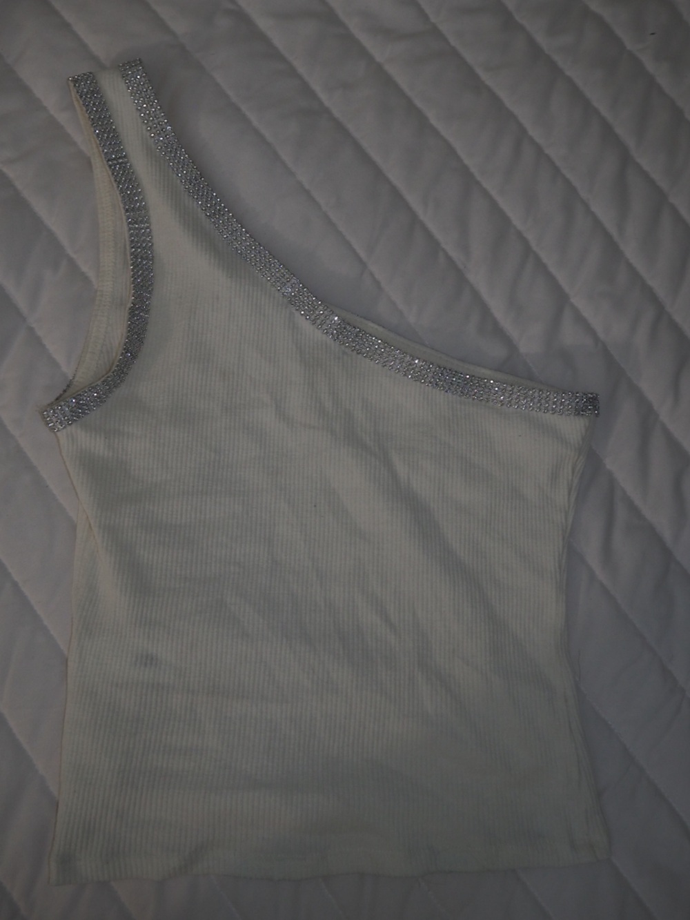 ZARA Cream Ivory Ribbed Knit One Shoulder Crystal Rhinestone Trim Top - Size S